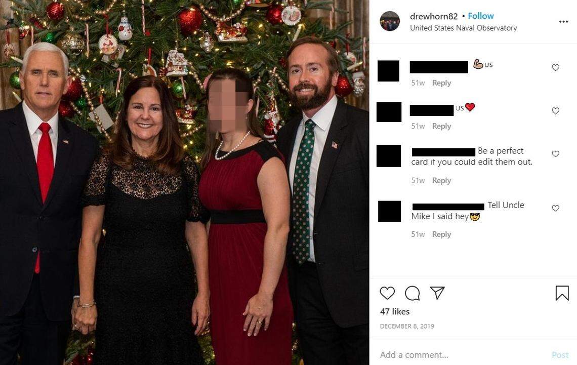 This screenshot from a social-media account belonging to Andrew ‘Drew’ Horn shows the national energy security expert in a 2019 holiday photo with Vice President Mike Pence and Karen Pence. Horn was identified by plotters of a failed May 2020 Venezuelan coup as having advance knowledge. Pence’s office says the vice president does not know Horn.