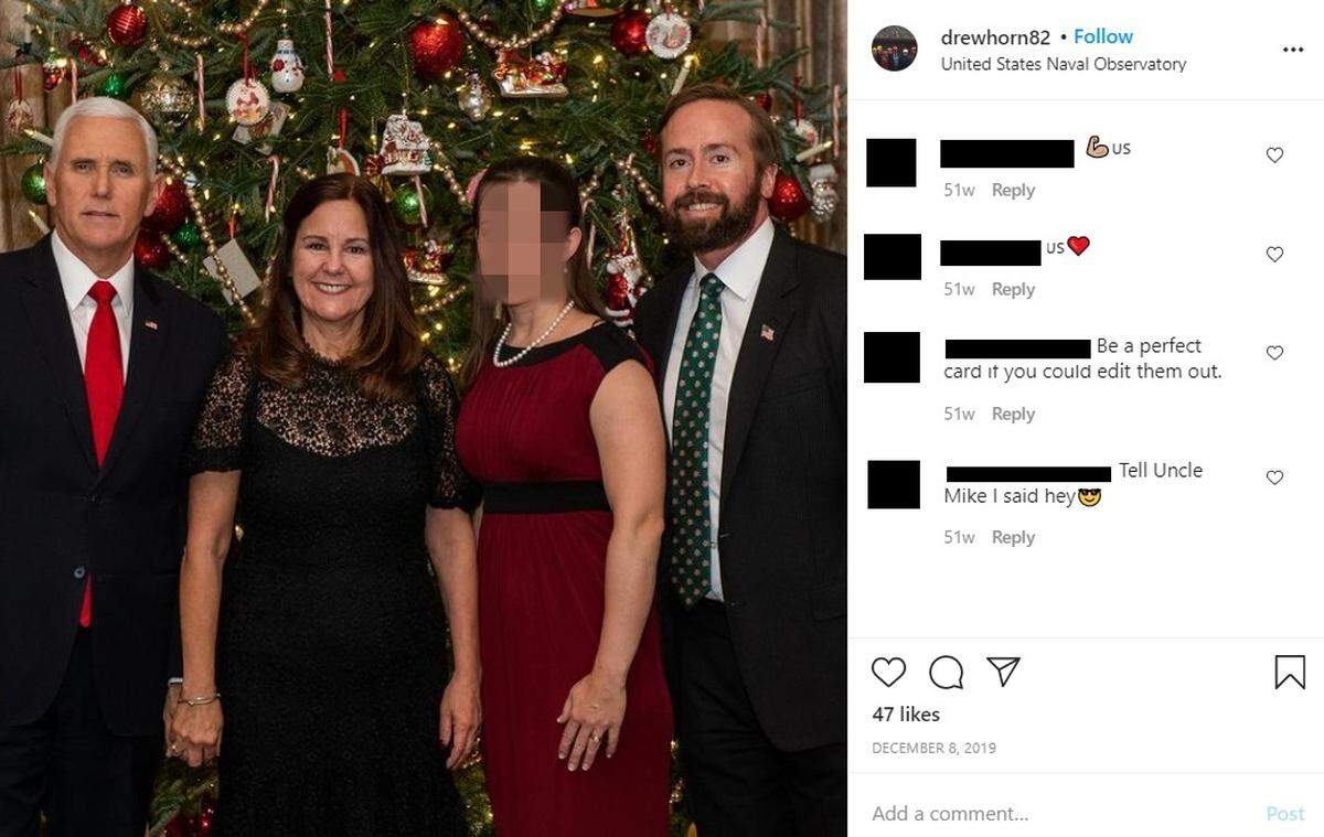 This screenshot from a social-media account belonging to Andrew ‘Drew’ Horn shows the national energy security expert in a 2019 holiday photo with Vice President Mike Pence and Karen Pence. Horn was identified by plotters of a failed May 2020 Venezuelan coup as having advance knowledge. Pence’s office says the vice president does not know Horn.