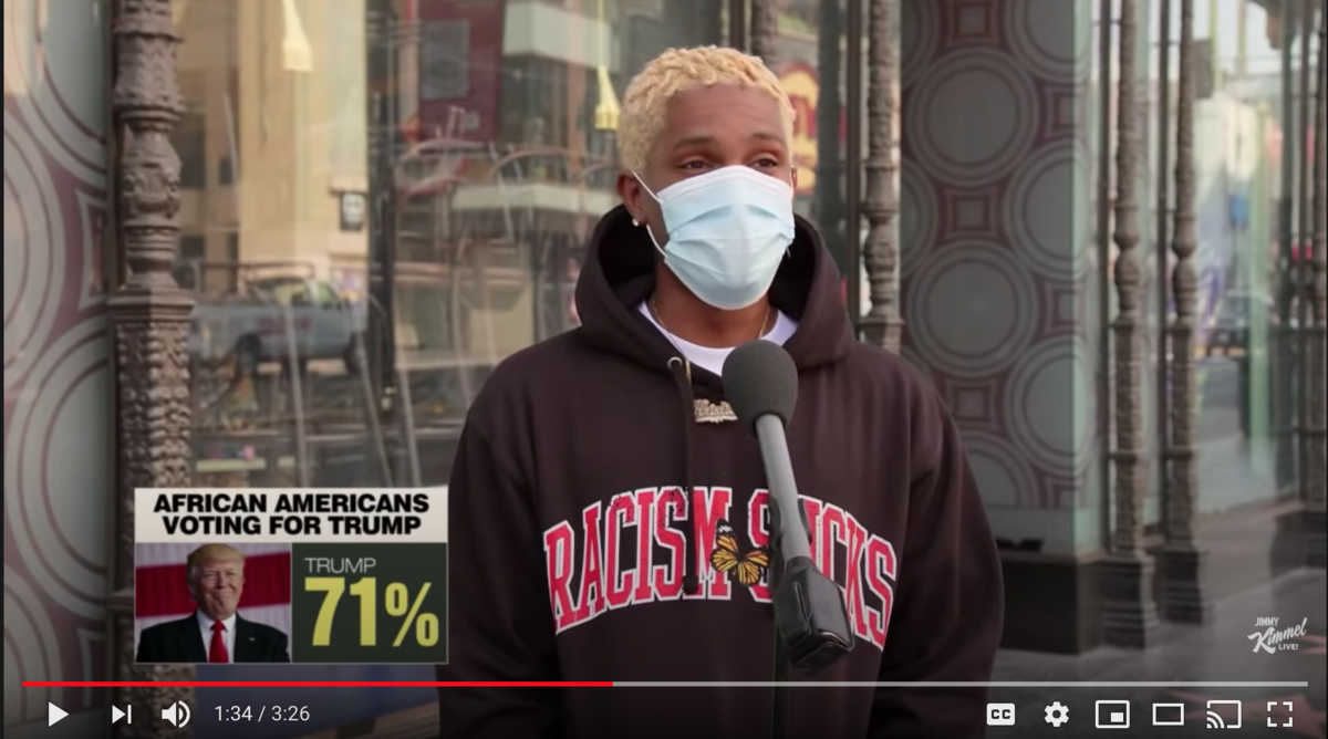 A man talks to Jimmy Kimmel Live about whether he plans to vote for President Trump in 2020 in a segment about African American voters