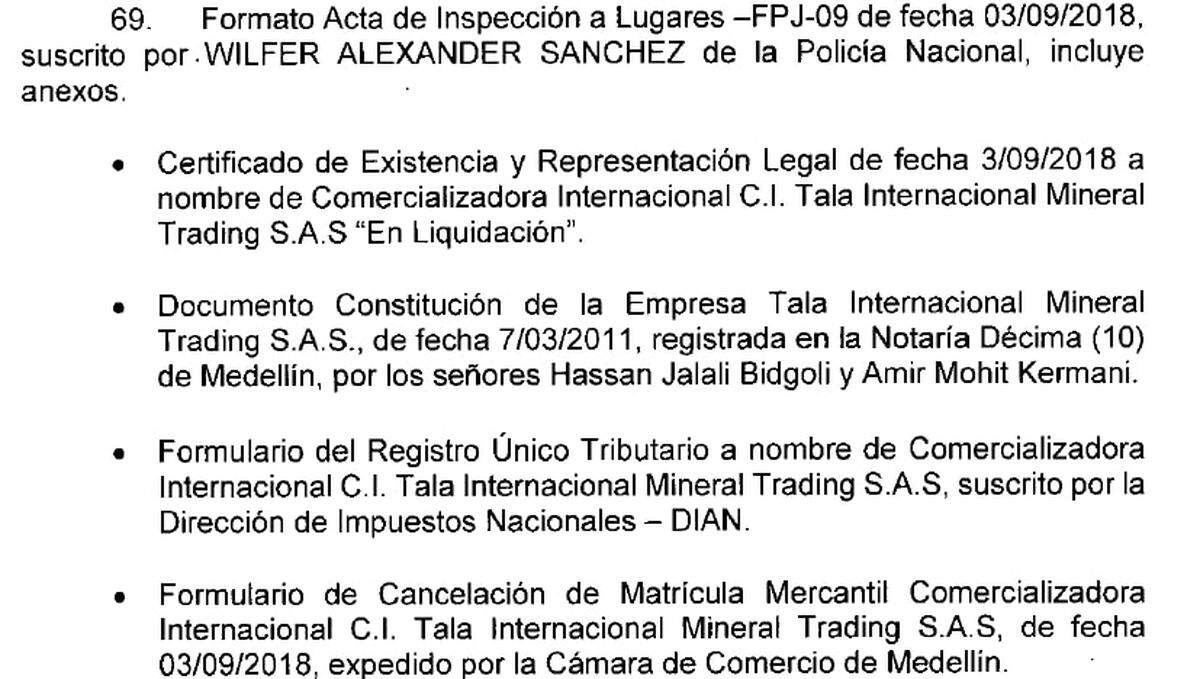 This screenshot shows a portion of a Colombian judicial document from a case investigating illicit mining that identifies Tala International Mineral Trading S.A. as a company created in 2011 by Miami residents Hassan Jalali Bidgoli and Amir Mohit-Kermani and liquidated in 2018.