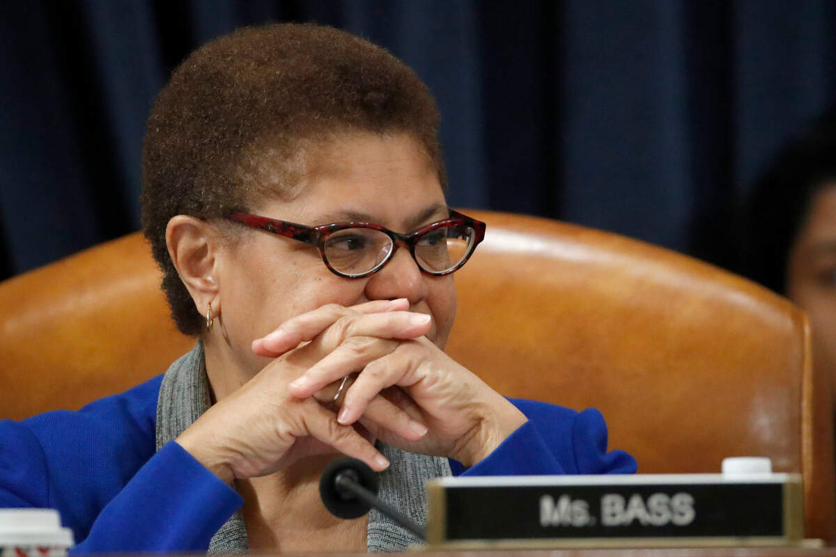 FILE - Dec. 12, 2019, file photo Rep. Karen Bass, D-Calif., listens during a House Judiciary Committee markup of the articles of impeachment against President Donald Trump, on Capitol Hill in Washington. California Congresswoman Bass has emerged a leading contender to be Democrats’ vice presidential candidate. Allies say her reputation as a bridge-builder would make her a strong partner to presumptive Democratic presidential nominee. (AP Photo/Alex Brandon, File)