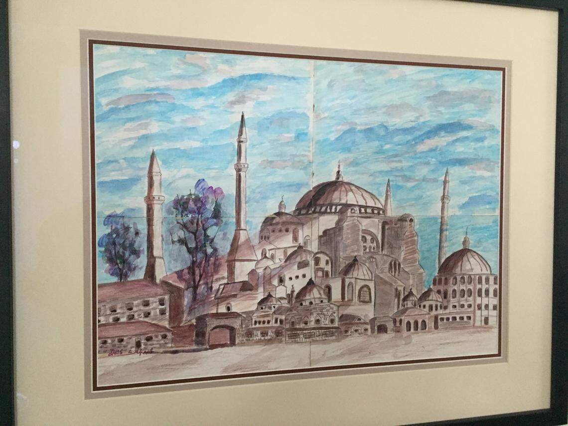 High school history teacher Dan Norland, a self-described “recovering attorney,” recently bought four works of art from former prisoner Abdul Malik Wahab al Rahabi, this one included. He painted the artwork at Guantánamo and shipped them to San Diego from the capital of Sudan, Khartoum, where he now lives following his 2016 release. Norland’s never been to Guantánamo but came to know about prison life there as a co-editor of “Witnesses of the Unseen,” the memoirs of former detainees Lakhdar Boumediene and Mustafa Ait Idir. He subsequently helped Rahabi set up a website for his art.