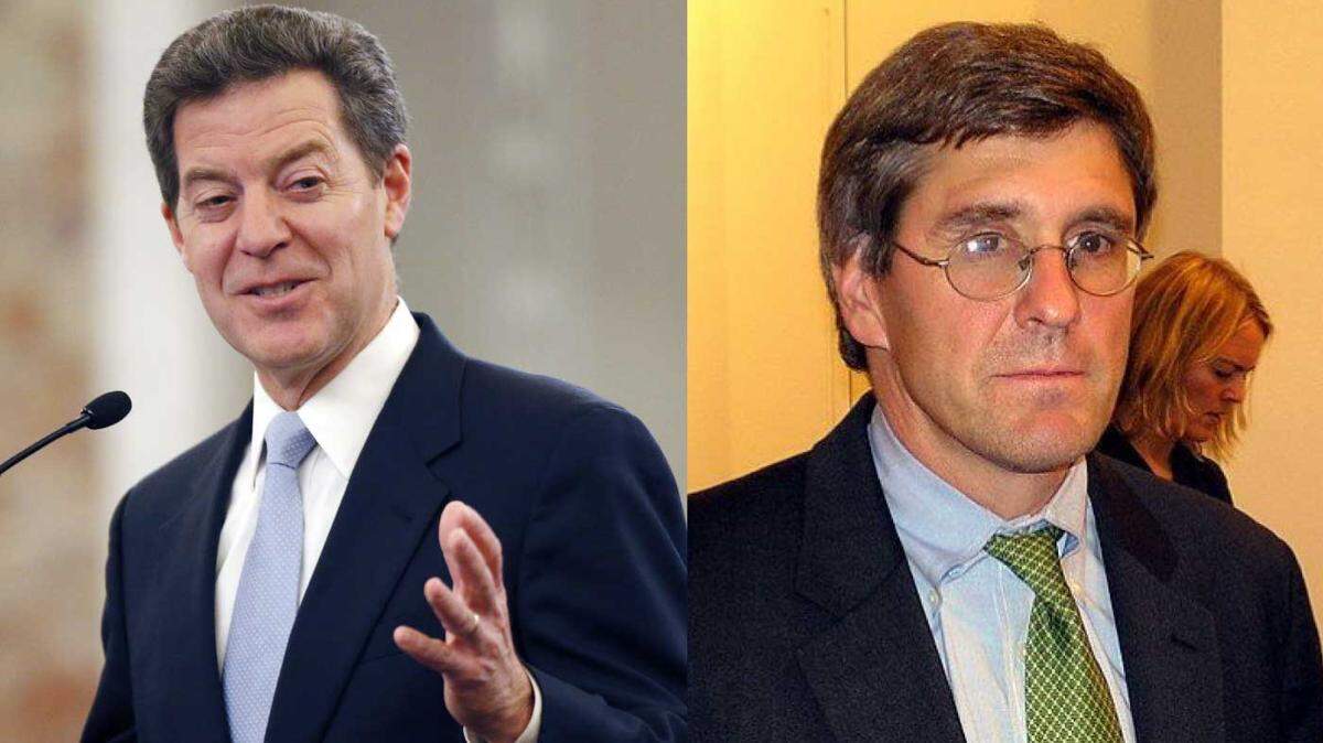 President Donald Trump plans to nominate his former economic adviser Stephen Moore, right, to a seat on the Federal Reserve Board of Governors. Democrats will likely use Moore’s role in Sam Brownback’s, left, “real live experiment” against him even though the Fed does not directly deal with tax policy.