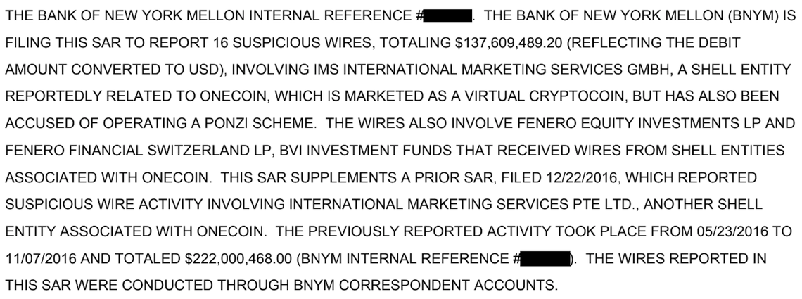 An extract from one of the leaked SARs shows how the Bank of New York Mellon flagged as “suspicious” OneCoin-related transactions worth $360 million.
