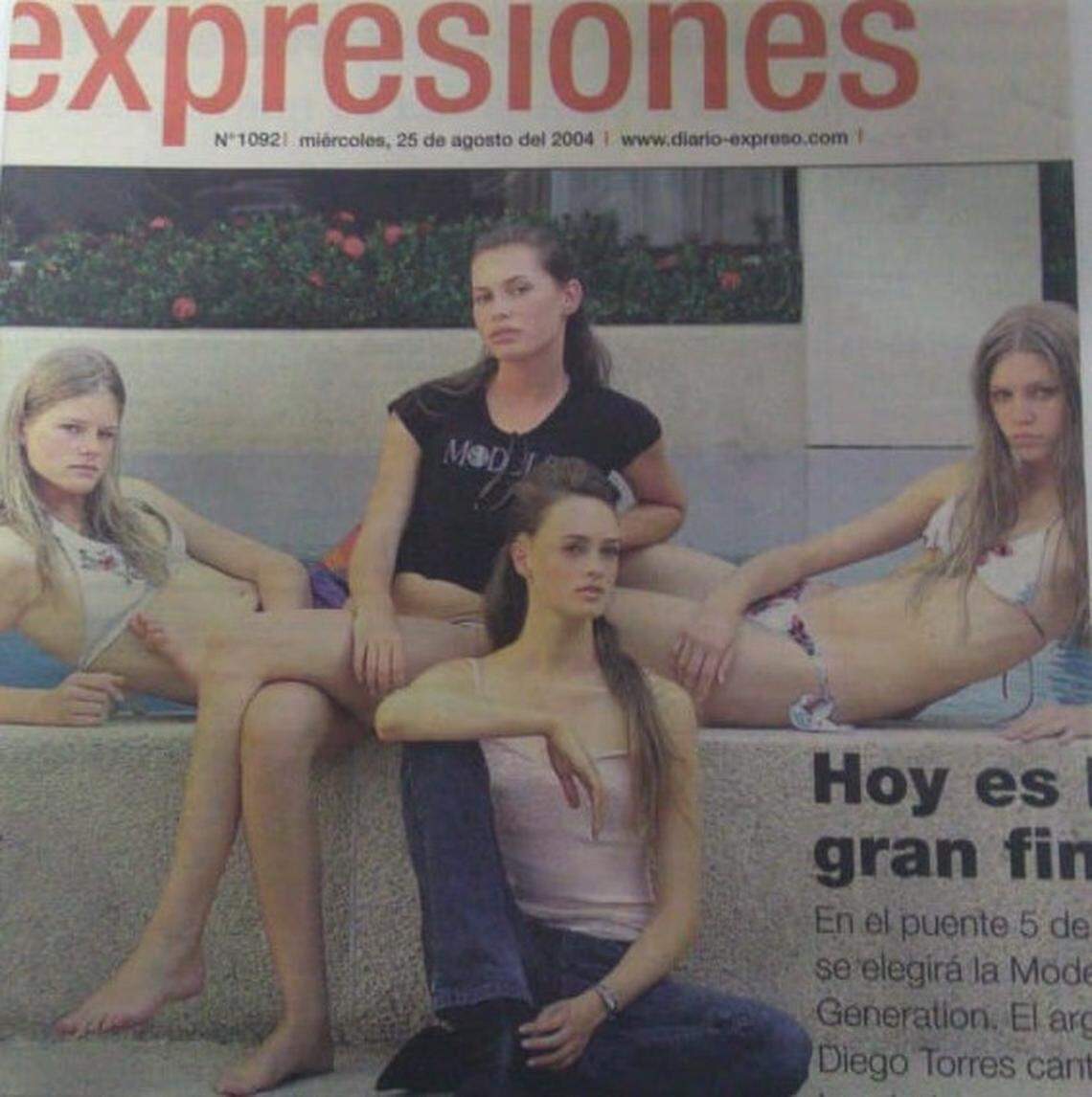 This screenshot provided by former Brazilian model Glaucia Fekete, on the left side of photo, shows an Ecuadoran newspaper clipping from August 2004. that showed Fekete and other teenagers who participated in a contest there arranged by Jean-Luc Brunel. The longtime friend of disgraced financier Jeffrey Epstein was detained in France on Dec. 16, 2020.