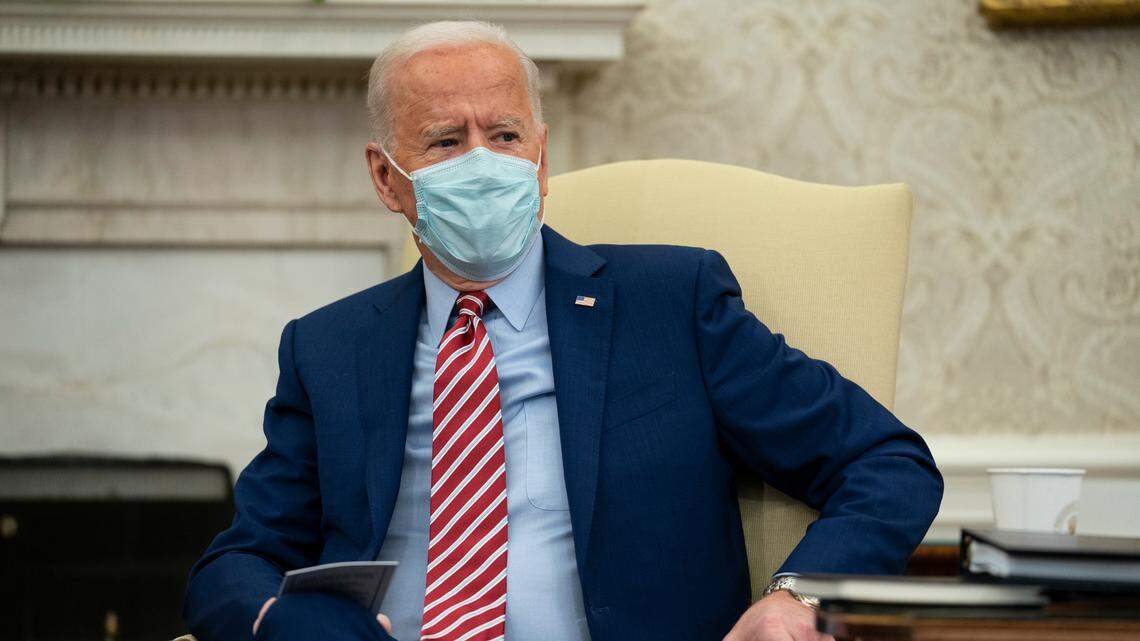 President Joe Biden speaks during a meeting with lawmakers on investments in infrastructure in the Oval Office of the White House on Thursday, Feb. 11, 2021, in Washington.