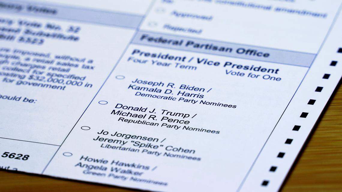 A portion of a Washington state mail-in ballot is shown with choices that include Donald Trump and Joe Biden for president, Monday, Oct. 26, 2020, in Olympia, Wash. (AP Photo/Ted S. Warren)
