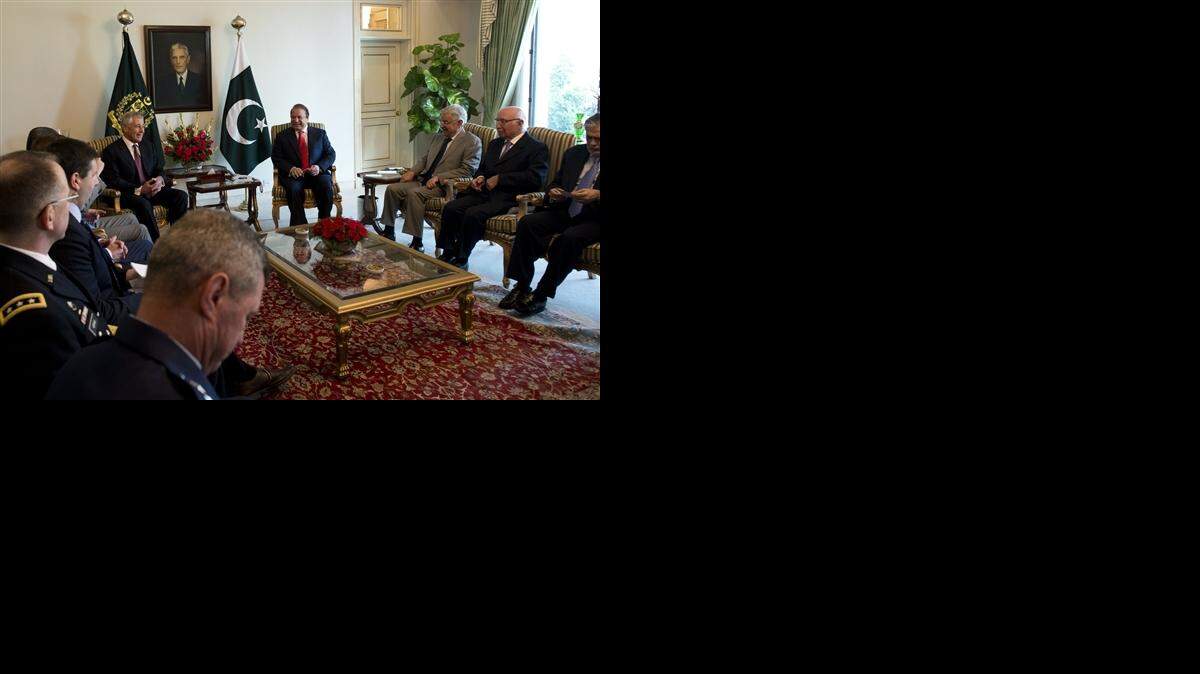Defense Secretary Chuck Hagel meets with Pakistani Prime Minister Nawaz Sharif in Islamabad on Dec. 9, 2013.