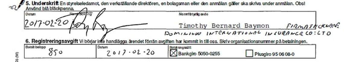 This screenshot of a Swedish regulatory filing shows the signature on a trust of Timothy Bernard Baymon, who is an archbishop of a freestanding Christian denomination in Massachusetts and goes by the name of Timothy Paul. He purchased a number of offshore companies and financial services from London-based Formations House.