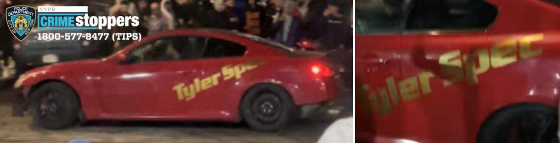 A driver in a red Infiniti sedan is accused of running over an onlooker on March 19, 2022, in Manhattan. Yellow decal of “Tyler Spec” is shown on their vehicle.