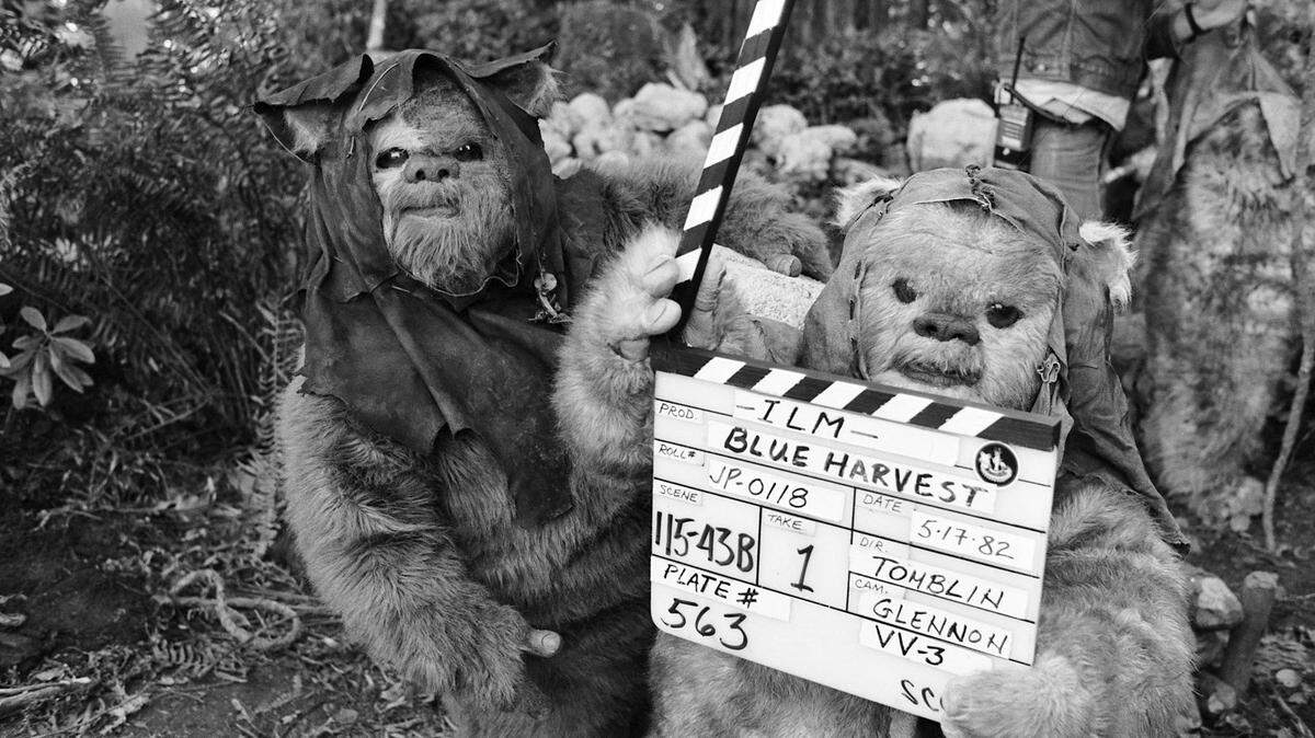 Ewoks seize the clapperboard on May 17, 1982, during second unit work near Crescent City during filming of ‘Return of the Jedi.’ Image form the book ‘The Making of ‘Return of the Jedi.’