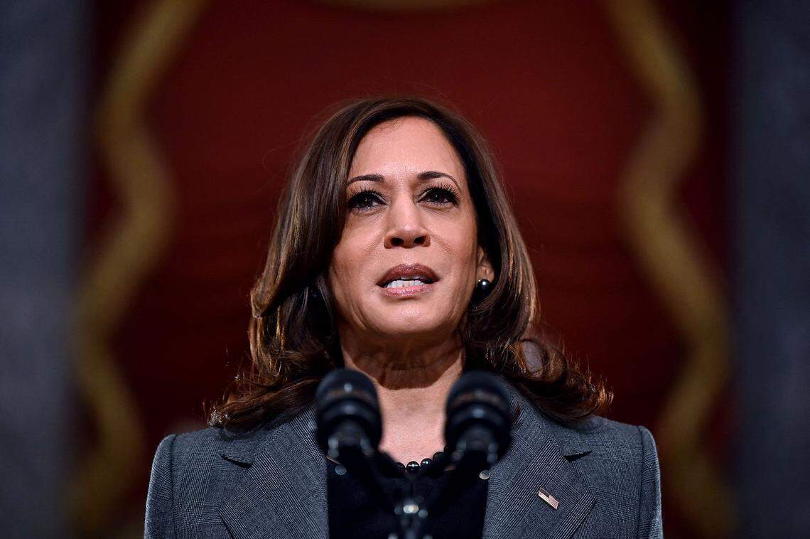 U.S. Vice President Kamala Harris speaks at the U.S. Capitol on Jan. 6, 2022, to mark the anniversary of the attack on the Capitol in Washington, D.C.