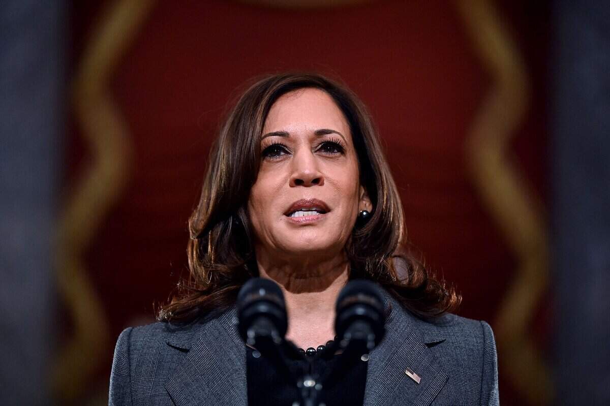 U.S. Vice President Kamala Harris speaks at the U.S. Capitol on Jan. 6, 2022, to mark the anniversary of the attack on the Capitol in Washington, D.C.