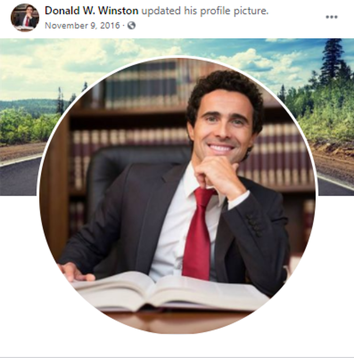 The profile picture for the Facebook account of a user named Donald W. Winston uses a stock image of a smiling lawyer.