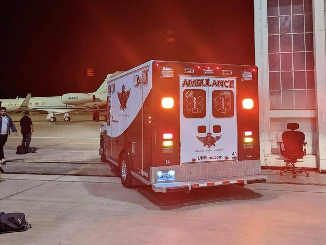 An ambulance met U.S. citizen Osman Khan on Oct. 1 at a military base in San Antonio, Texas, upon his return to the United States after he was freed from prison in Venezuela.