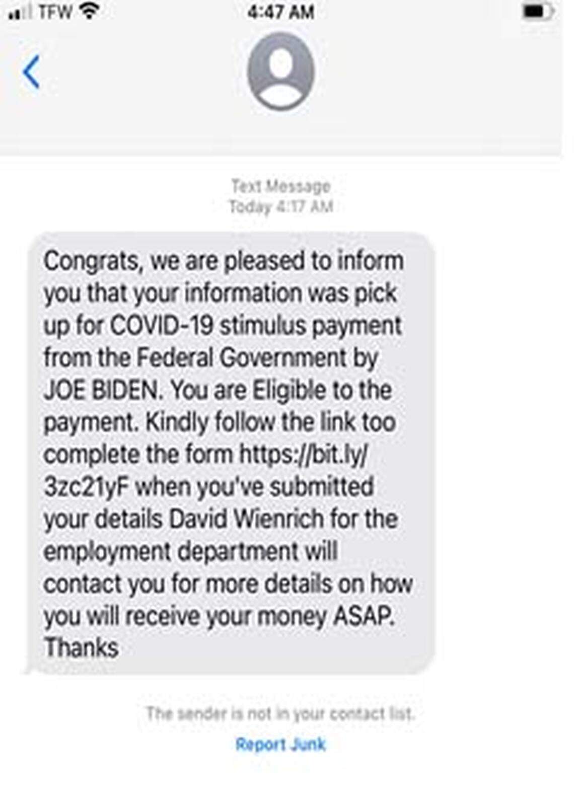 An IRS photo shows an example of a stimulus check scam sent via text message.