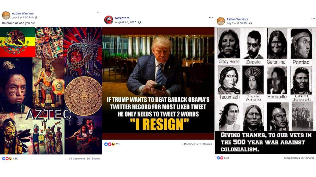 These postings are from fake Facebook accounts, likely backed by the Kremlin, that Facebook said it deleted Tuesday. The accounts appear designed to sow discord in the United States among racial and ethnic minorities, and white supremacists.