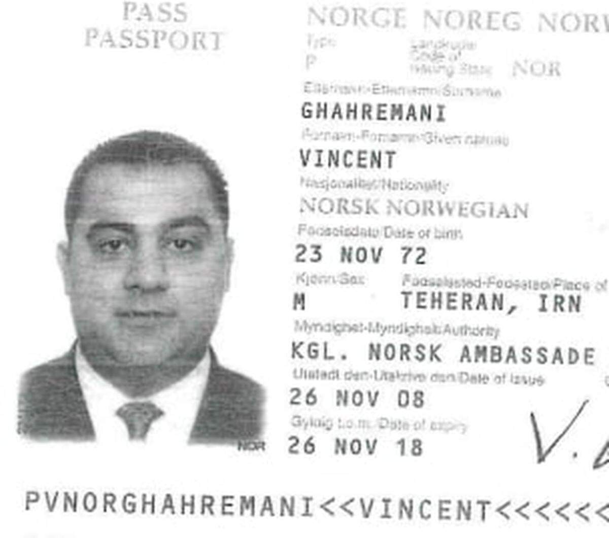 This screenshot shows the Norwegian passport of Vincent Ghahremani that was found in the leak of Formations House documents. Ghahremani was arrested in a DEA sting trying to acquire anti-tank weapons and helicopters on behalf of what he thought was a Mexican drug cartel.
