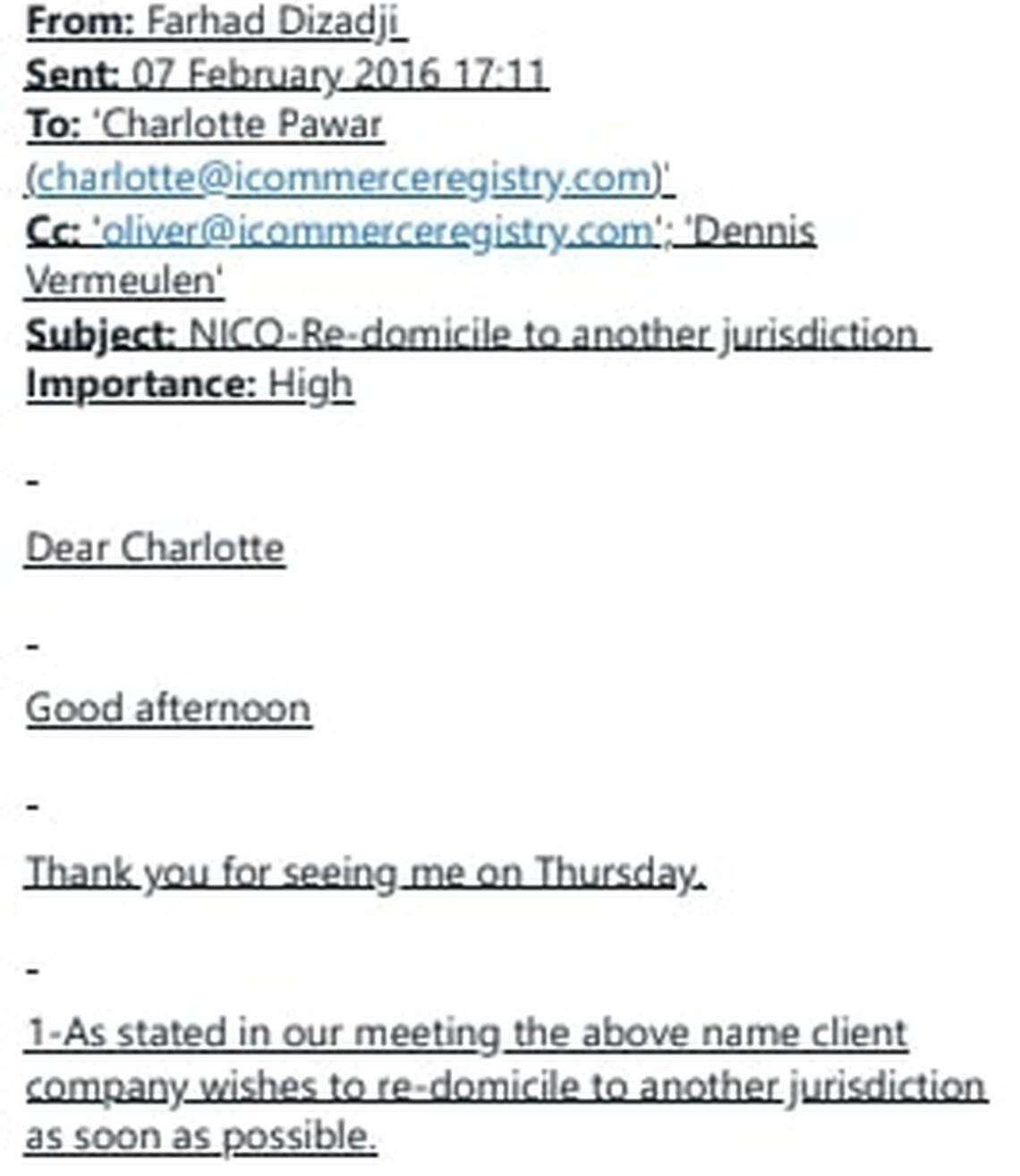 This screenshot of a February 2016 email from London-based accountant Farhad Dizadji shows that Formations House and Dutch businessman Dennis Vermeulen actively helped the Iranian oil firm Naftiran Intertrade Co. move yet again its tax-haven incorporation.