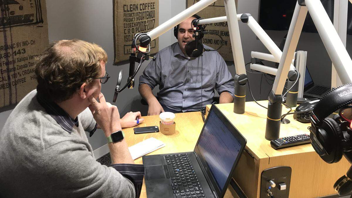 Beyond on the Bubble host Alex Roarty, left, and Kansas City Star Washington Correspondent Bryan Lowry, right, record the podcast at McClatchy’s Washington Bureau, Oct. 23, 2018.