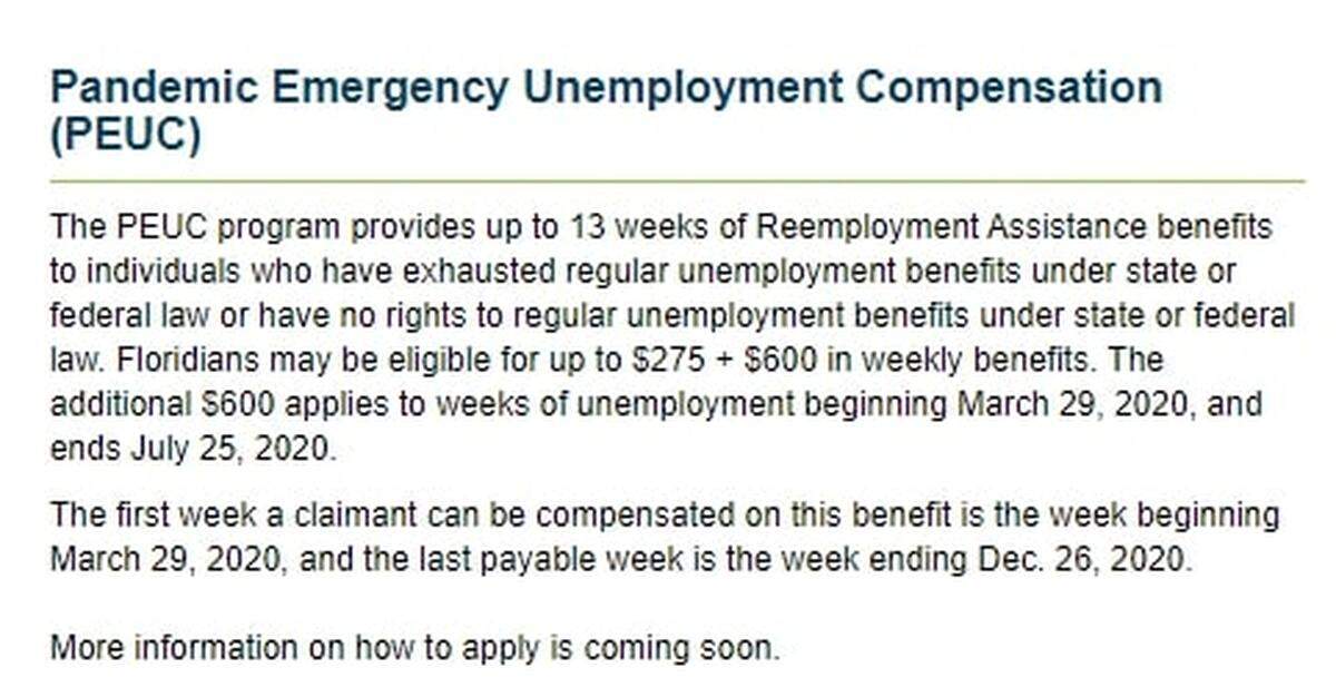 This screenshot shows the message Floridians see when they try to apply for the PEUC, a federal Cares Act program designed to provide benefits to people who have exhausted their state jobless benefits.