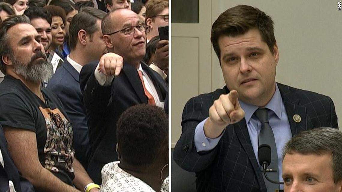 At a hearing early this month on preventing gun violence, the first in years in the U.S. House of Representatives, Florida Republican Rep. Matt Gaetz, right, tried to steer the conversation toward advocating for President Donald Trump’s proposed border wall. When Manuel Oliver, left, and Fred Guttenberg, parents of students killed in Parkland, raised their voices in protest, Gaetz sought to have them ejected from the hearing.