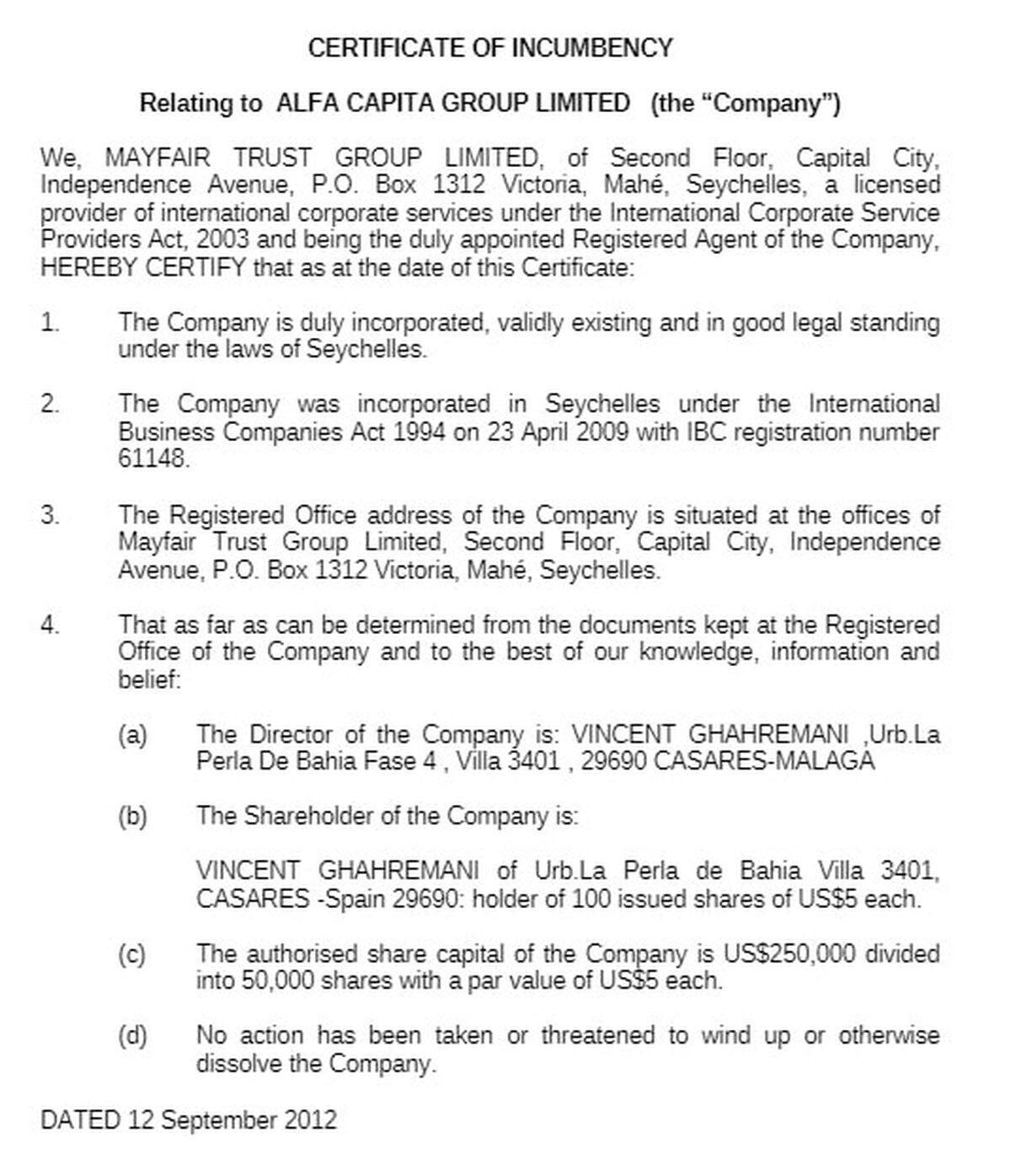 This screenshot shows the document in which Vincent Ghahremani’s company was established in Indian Ocean tax haven of the Seychelles. Ghahremani was sentenced in 2018 for his part in a DEA sting, convicted of conspiring to acquire anti-tank weapons for what he thought was a Mexican drug cartel.