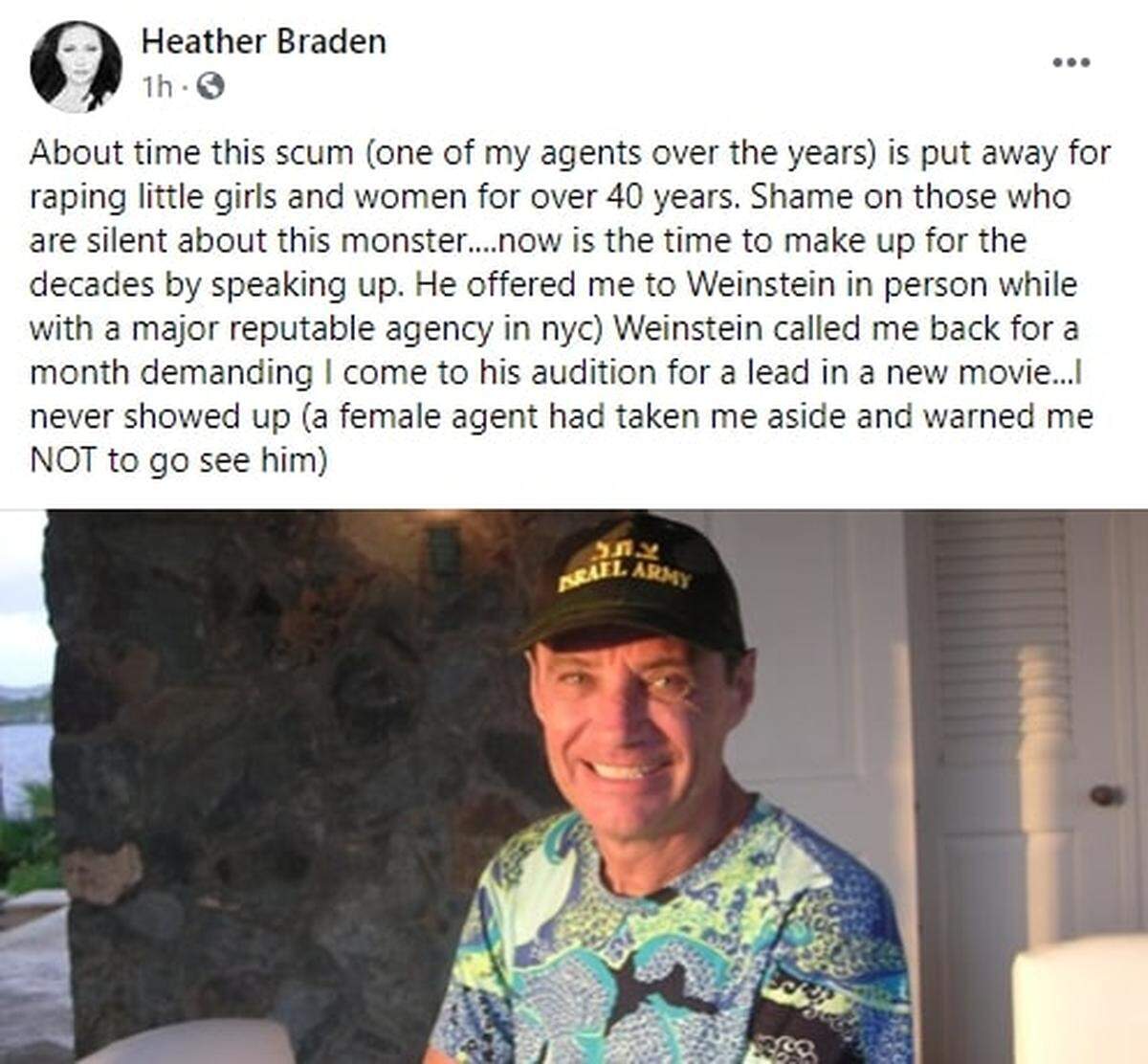 This screenshot of the Facebook page of model Heather Braden shows her celebrating the arrest of her former agent Jean-Luc Brunel, whom she accuses of “gifting” models like her in the 1990s to rich and powerful men.