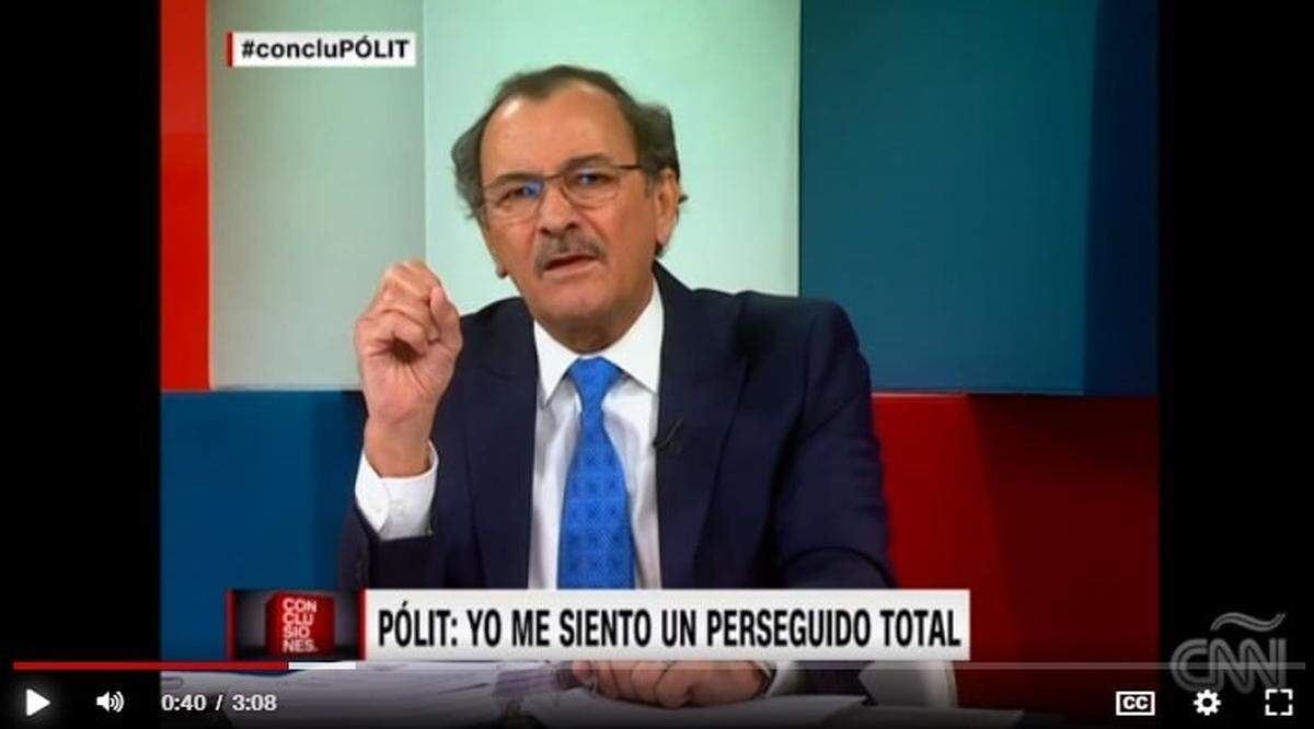 This screenshot of a video shown on CNN’s Spanish-language website shows former Ecuadorian Comptroller General Carlos Polit declaring himself ‘totally persecuted’ by prosecutors in Ecuador. He made his comments in an interview that aired on CNN on March 9, 2018, during which he denied extorting bribes from Brazilian engineering giant Odebrecht S.A..