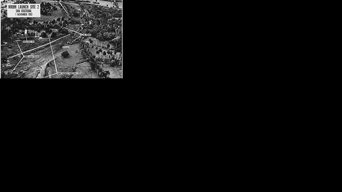 An aerial photograph shows Medium Range Ballistic Missile Launch Site Two at San Cristobal, Cuba, during the Cuban Missile Crisis on November 1, 1962.