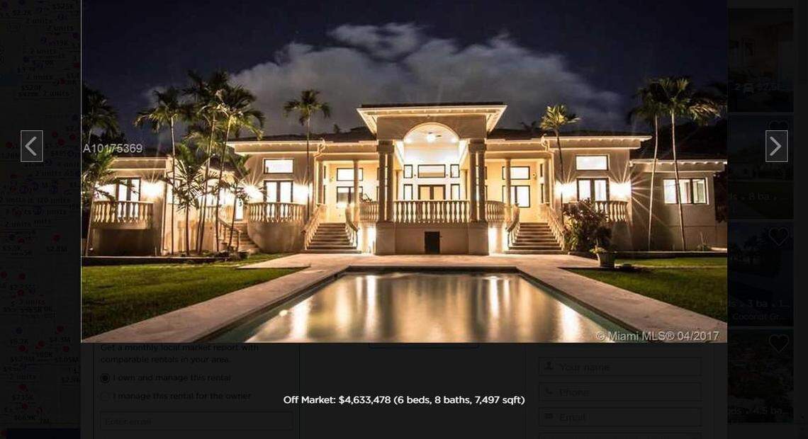 This screenshot shows the Realtor listing of a posh Coral Gables mansion on Los Pinos Circle in the Cocoplum development. The property was purchased outright but a mortgage was later taken out by John Polit for $1.7 million.