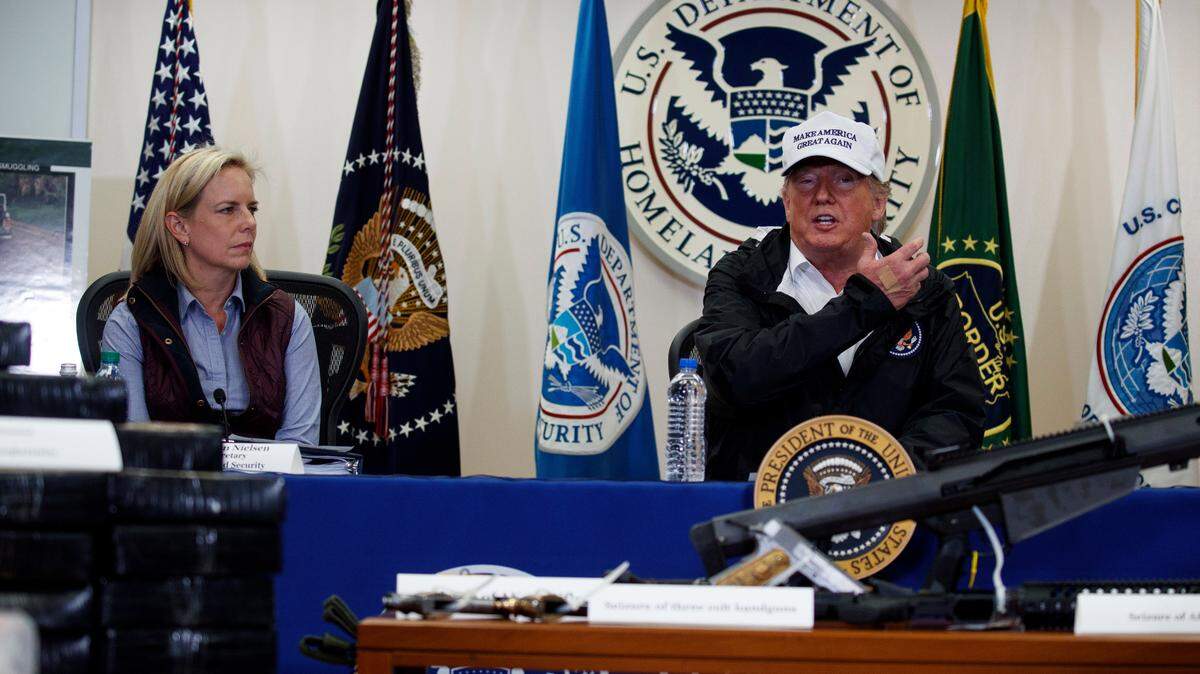 President Donald Trump speaks at a roundtable on immigration and border security at U.S. Border Patrol McAllen Station, during a visit to the southern border, Jan. 10, 2019, in McAllen, Texas, with Homeland Security Secretary Kirstjen Nielsen.