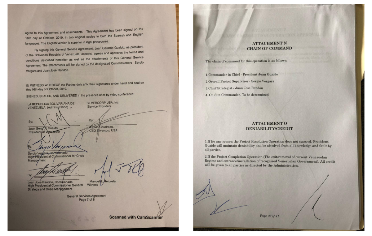 A photo of an agreement that explicitly authorized Juan Guaidó, the opposition leader recognized by the Trump administration as Venezuela’s president, to deny any involvement if insurgents failed in their attempted coup.