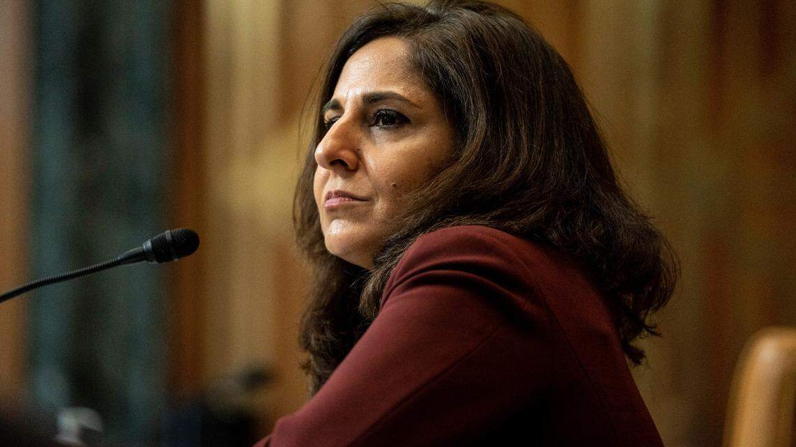 FILE - In this Feb. 10, 2021, file photo Neera Tanden, President Joe Biden’s former nominee for Director of the Office of Management and Budget (OMB), appears before a Senate Committee on the Budget hearing on Capitol Hill in Washington. Her nomination for the post was withdrawn Tuesday. (Anna Moneymaker/The New York Times via AP, Pool, File)