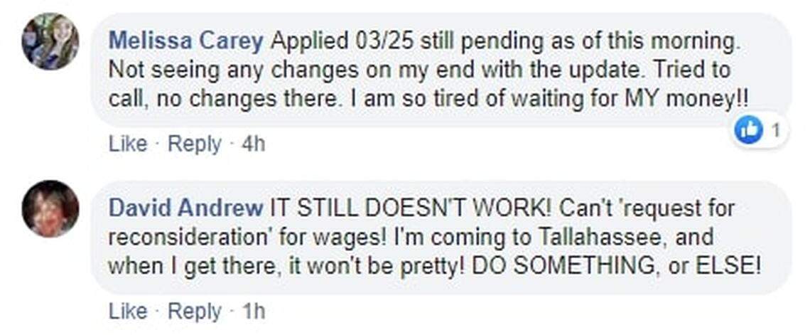 This screenshot of comments left on the Facebook page of the Florida Department of Economic Opportunity shows the desperation many Floridians are feeling, unable for weeks to file for jobless benefits because of the program CONNECT system.