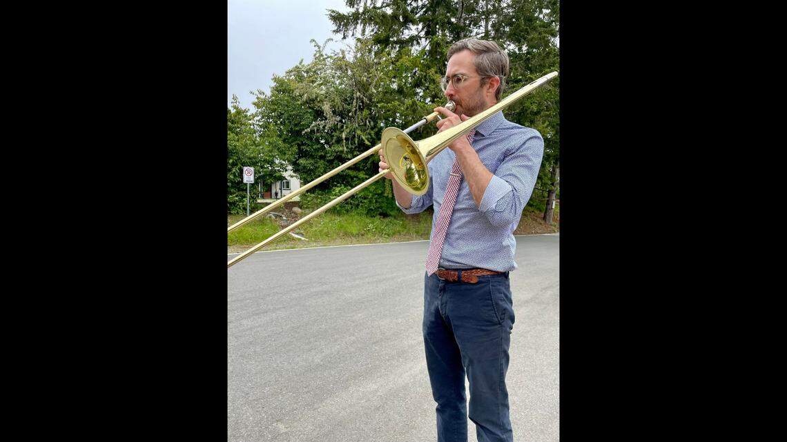Tristan Clausen is a music teacher at St. John’s Academy in Shawnigan Lake, British Columbia, Canada. He warded off a bear at his school on May 27, 2022, by playing a trombone.