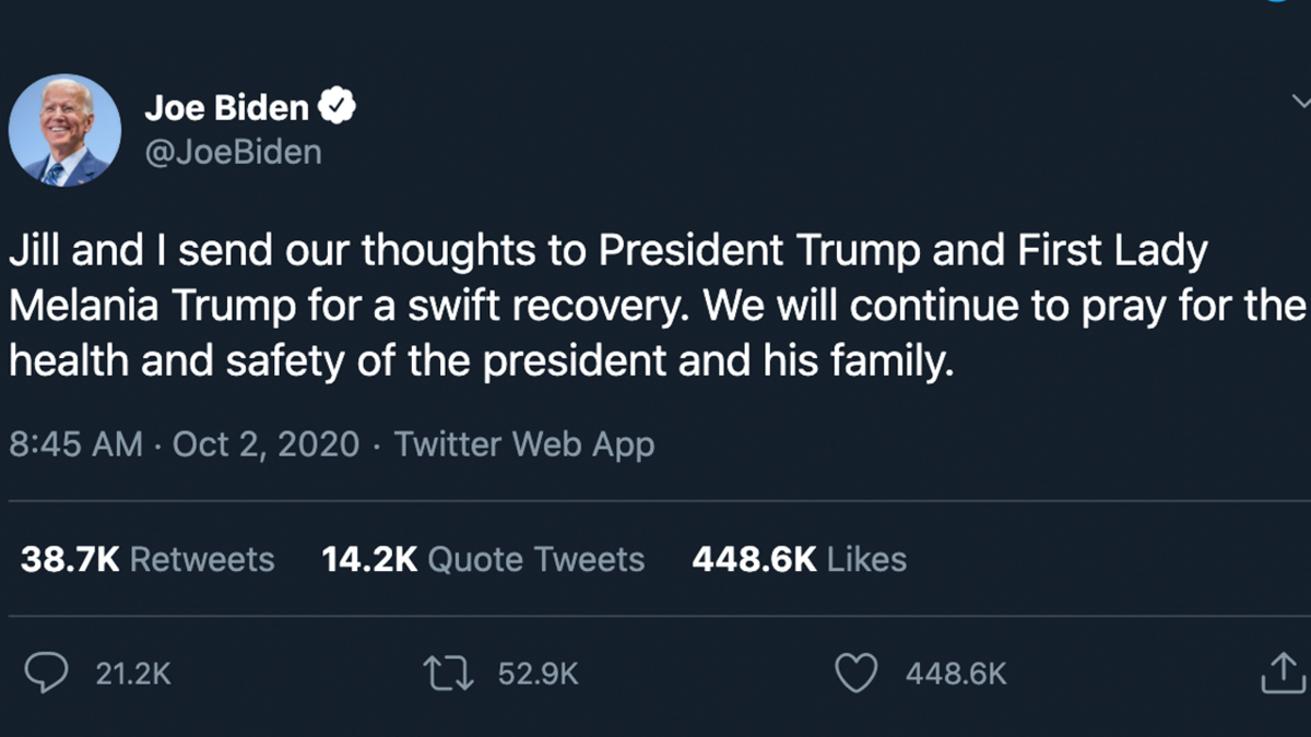 Joe Biden tweets well wishes to President Donald Trump