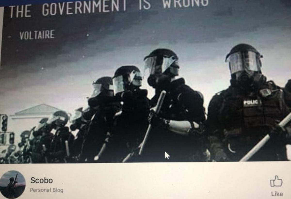 This screenshot shows the Facebook page of Scobo, which was taken down because the user violated policies about providing their true identity. The page drew concerns after it pushed conflicting pro-gun and Black Lives Matter rallies in the same Pennsylvania city on the same day and same time.