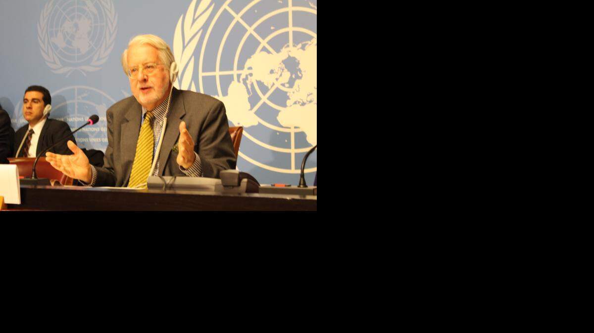 Paulo Pinheiro, Chair of the International Commission of Inquiry on Syria, at press conference in Geneva, Switzerland, Friday Nov. 14, 2014
