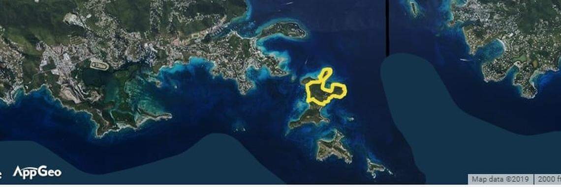 The highlighted areas of this screenshot show the government of the Virgin Islands’ geospatial map of Great St. James, which was quietly purchased by Jeffrey E. Epstein in 2016.