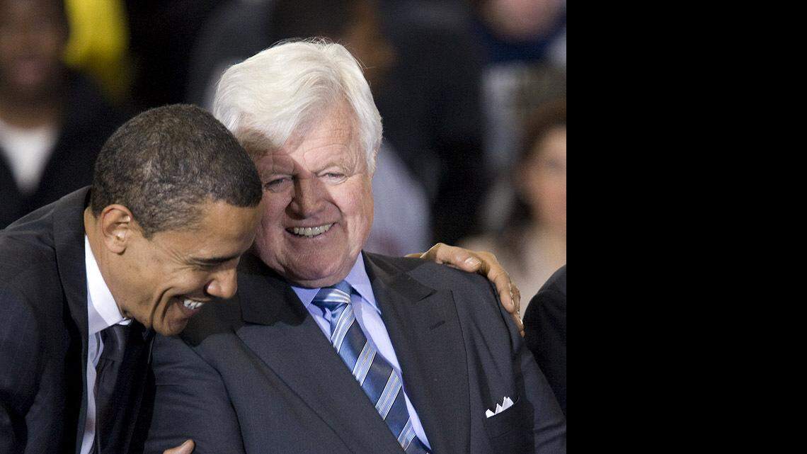 Barack Obama (left) hugs Sen. Edward Kennedy during a rally at American University in Washington, D.C.