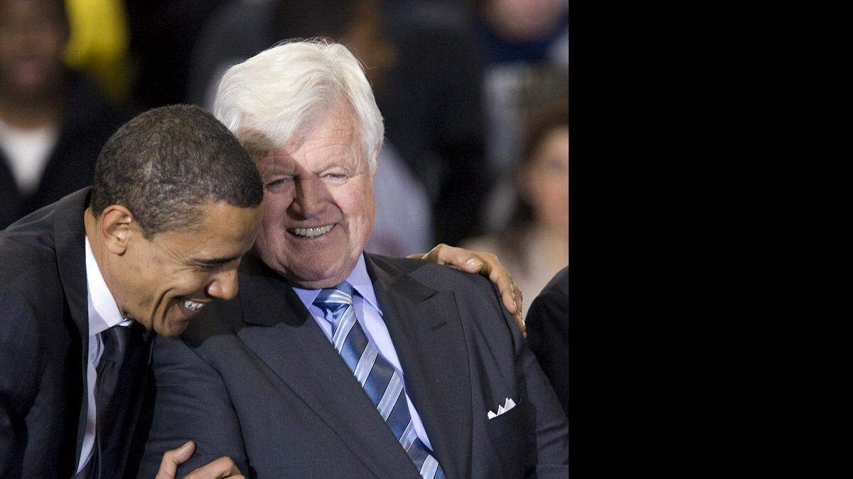Barack Obama (left) hugs Sen. Edward Kennedy during a rally at American University in Washington, D.C.