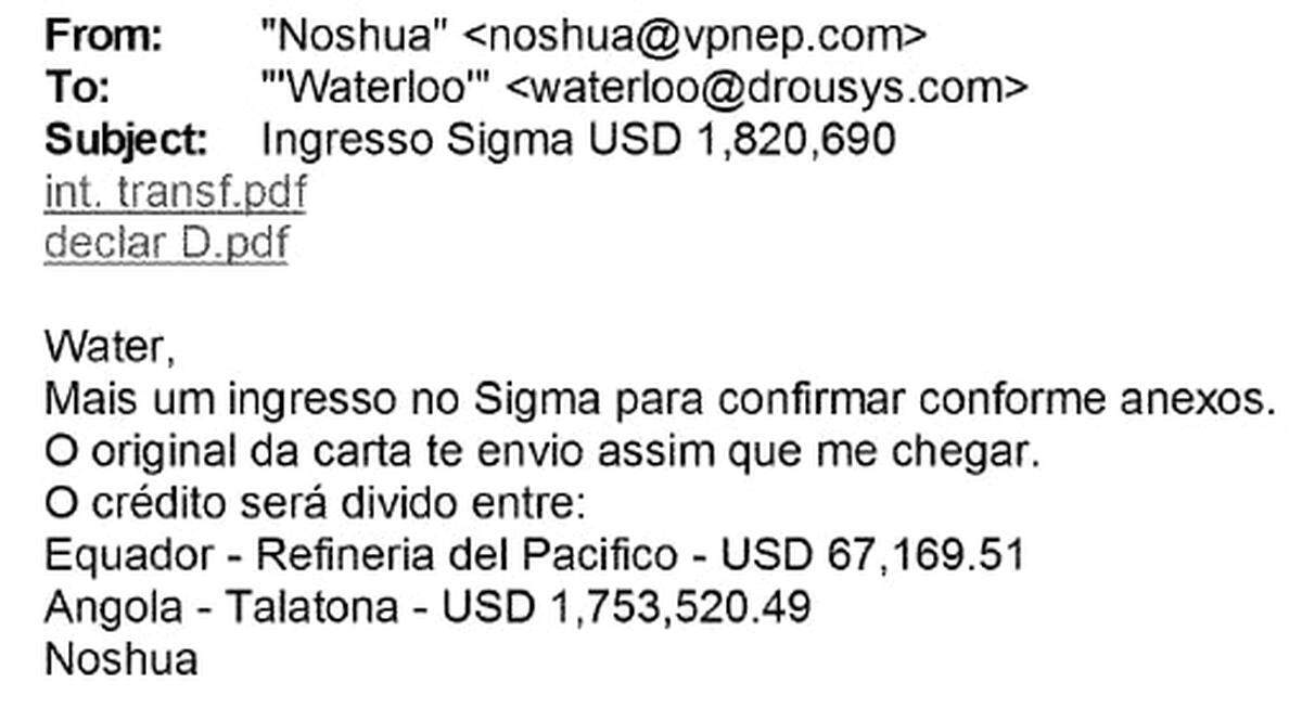 This snip of an email found during a June 2019 global journalistic collaboration called The Bribery Division shows members of a special arm of Brazilian conglomerate Odebrecht that ran an off-books bribery operation. In the email, they are confirming payments made toward ongoing projects in Ecuador and Angola.