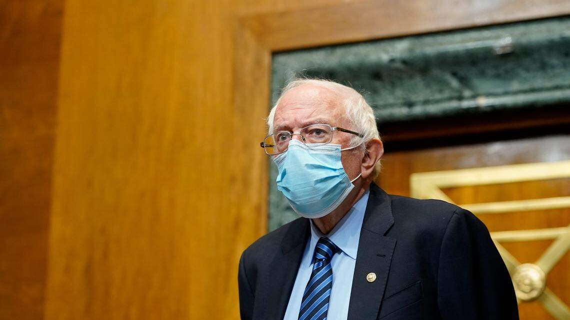 Senate Budget Committee Chairman Sen. Bernie Sanders, I-Vt., arrives for a hearing on Capitol Hill in Washington, Thursday, Feb. 25, 2021, examining wages at large profitable corporations.