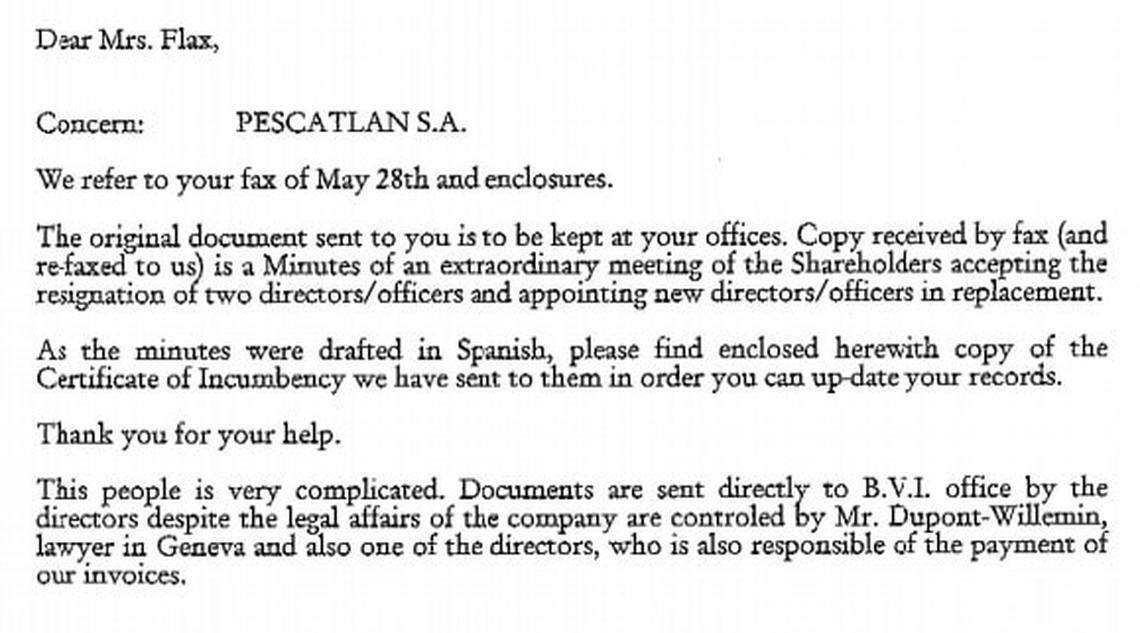 This snip from a document found in the Panama Papers discusses an offshore company called Pescatlan S.A. The document shows the involvement of Swiss lawyer Albert Louis Dupont-Willemin, who for decades helped Cuban state companies stay afloat despite longstanding U.S. sanctions.