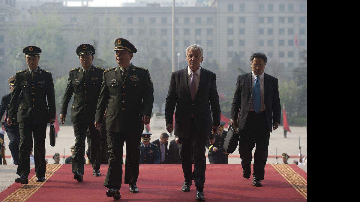 Defense Secretary Chuck Hagel with Chinese Defense Minister Gen. Chang Wanquan in Beijing on April 8, 2014.