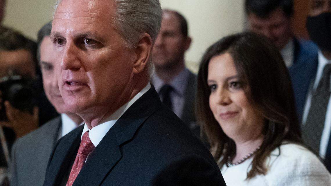 House Minority Leader Kevin McCarthy of California speaks with reporters, joined by newly-elected House Republican Conference Chair Rep. Elise Stefanik, R-N.Y., on Capitol Hill Friday, May 14, 2021, in Washington. McCarthy on Tuesday said he opposes legislation that would create a commission to investigate the Jan. 6 Capitol attack.