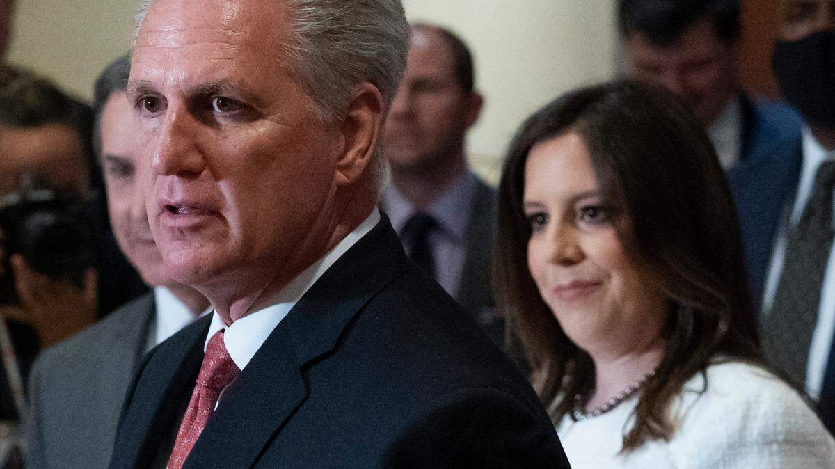 House Minority Leader Kevin McCarthy of California speaks with reporters, joined by newly-elected House Republican Conference Chair Rep. Elise Stefanik, R-N.Y., on Capitol Hill Friday, May 14, 2021, in Washington. McCarthy on Tuesday said he opposes legislation that would create a commission to investigate the Jan. 6 Capitol attack.