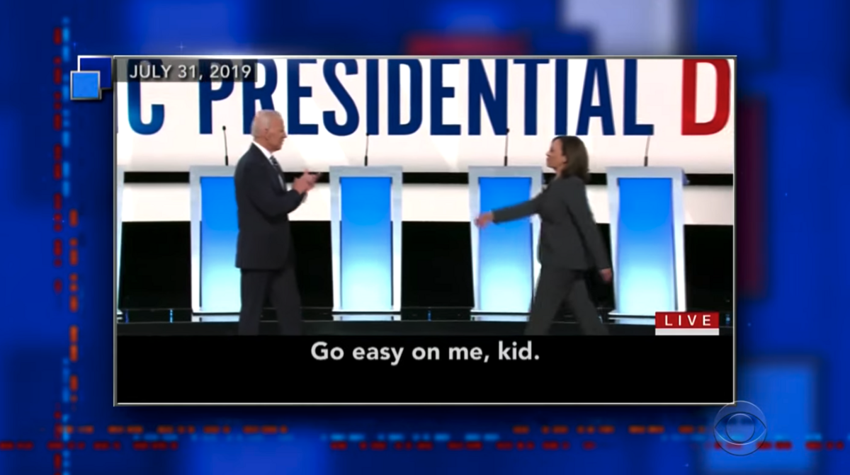 The Late Show with Stephen Colbert flashed back to an exchange between Kamala Harris and Joe Biden during the primary debate in July 2019.