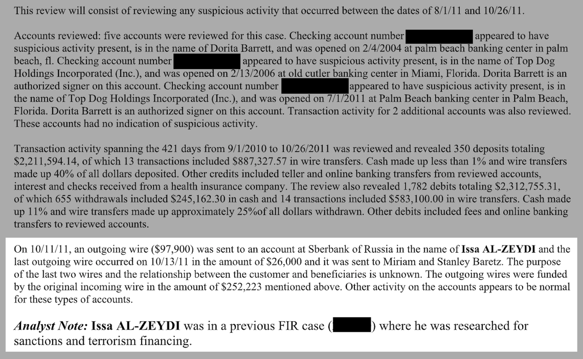An extract of the report that flags suspicious transactions between Top Dog Holdings and a Sberbank account tied to Issa al-Zeydi, a Moscow resident sanctioned by the United States for propping up the regime of Syrian strongman Bashar al-Assad.